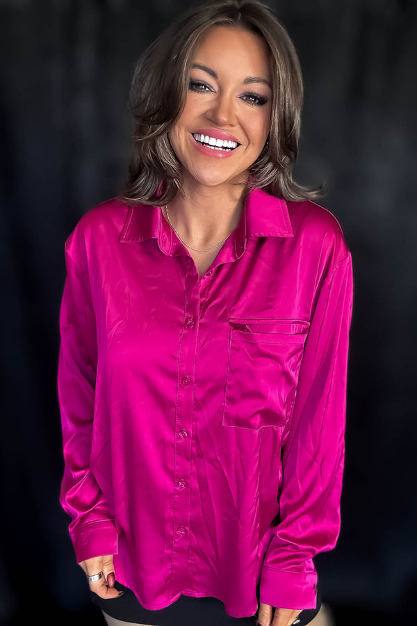 Satin Magenta Button Down Blouse
