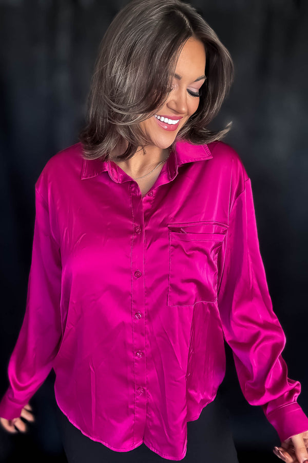 Satin Magenta Button Down Blouse
