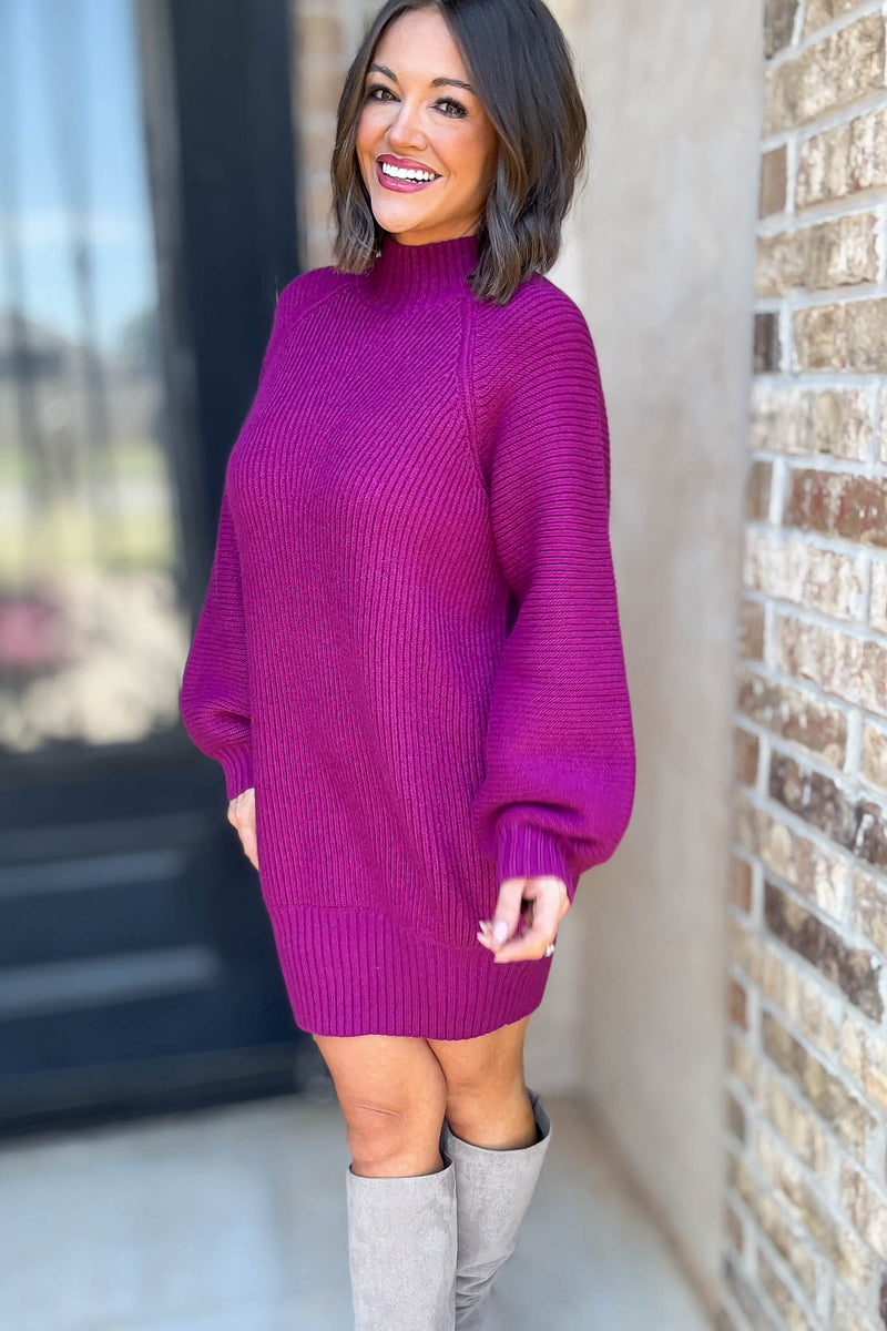 Magenta Mock Neck Cozy Sweater Dress