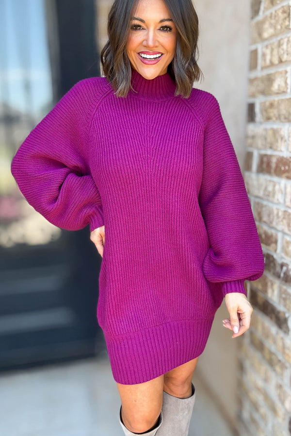 Magenta Mock Neck Cozy Sweater Dress