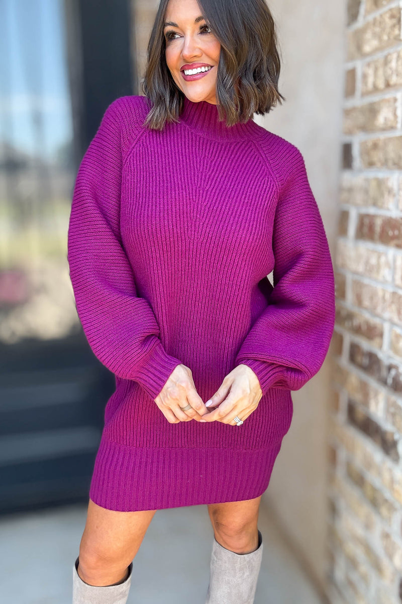 Magenta Mock Neck Cozy Sweater Dress