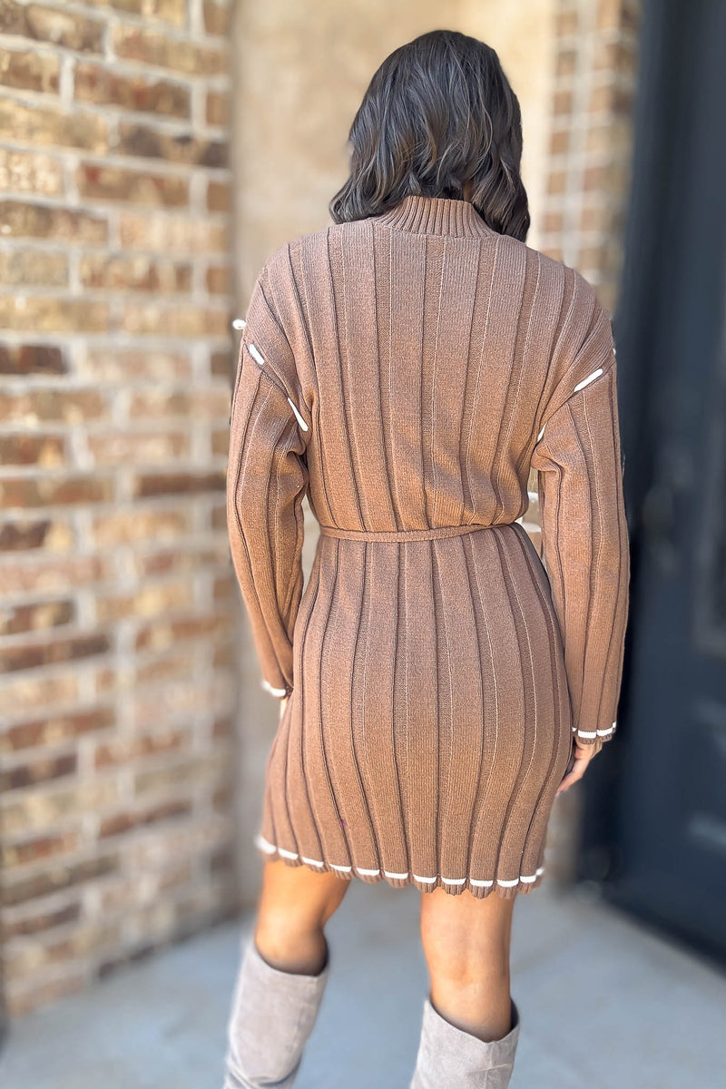 Brown Stitch Detail Mini Sweater Dress