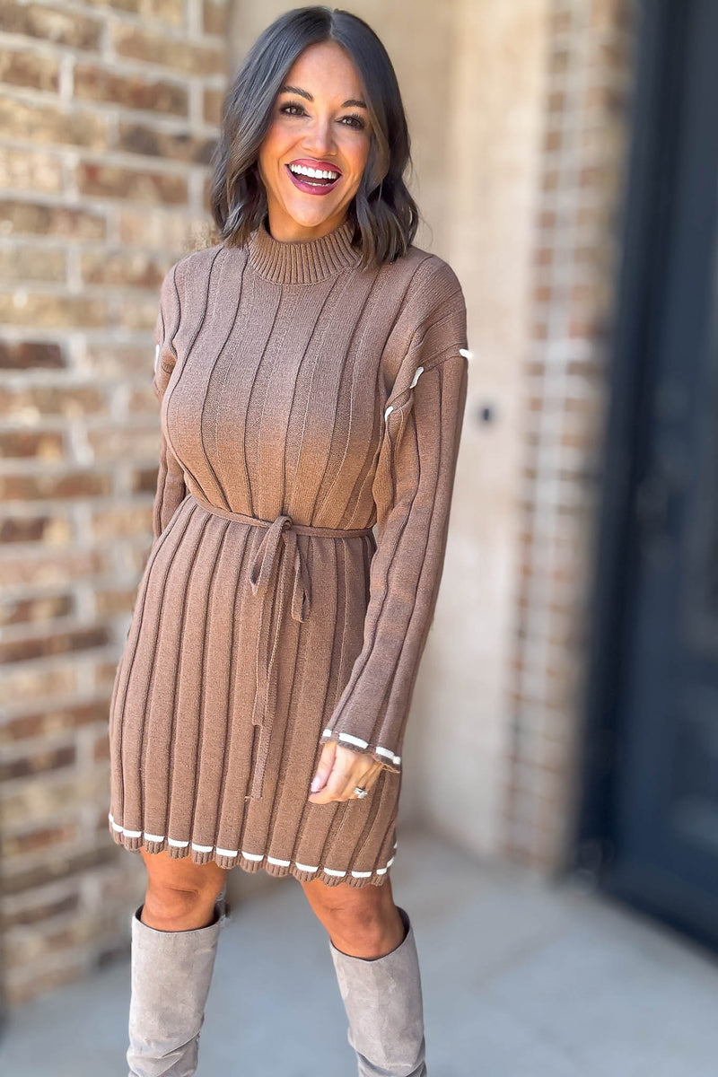 Brown Stitch Detail Mini Sweater Dress