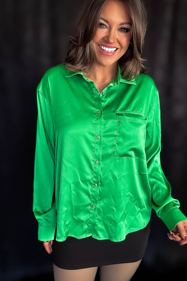 Satin Green Button Down Blouse