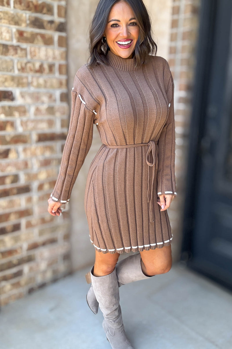 Brown Stitch Detail Mini Sweater Dress