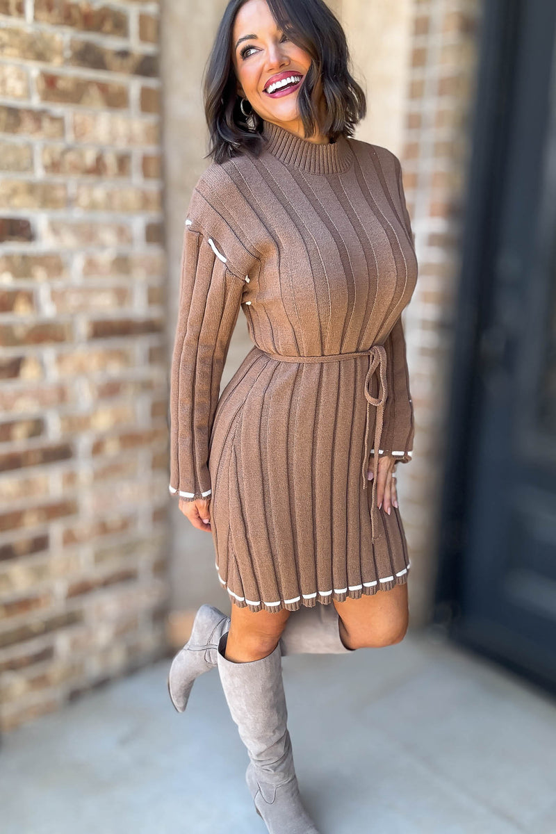 Brown Stitch Detail Mini Sweater Dress