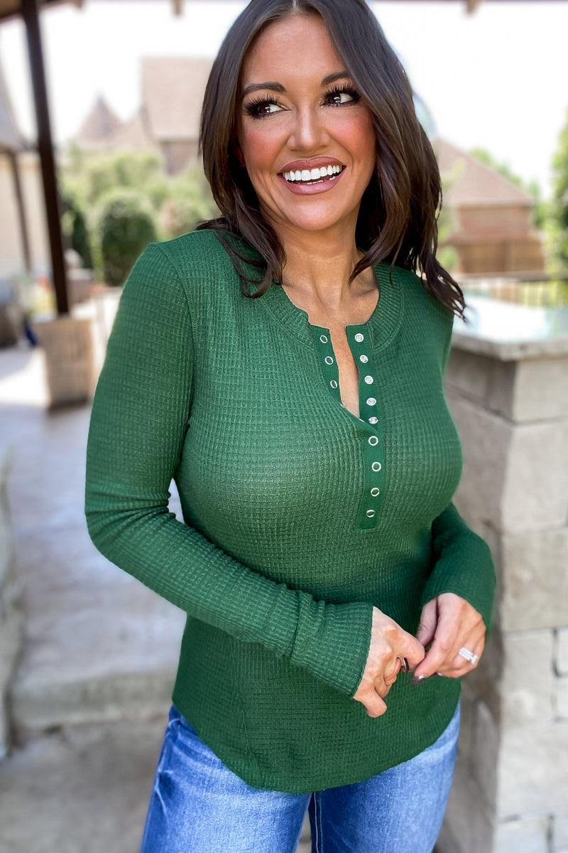 Full of Surprises Dark Green Waffle Snap Top