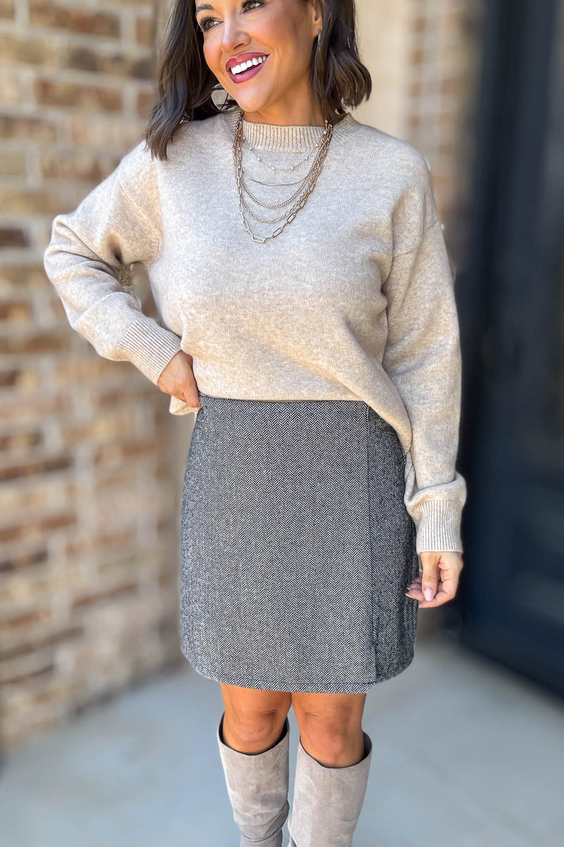 Mable Caught Up In The Moment Taupe Long Sleeve Crew Neck Knit Top
