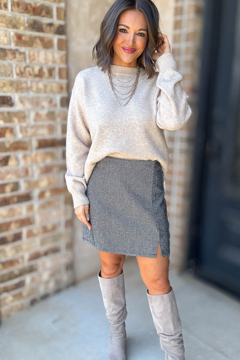 Mable Caught Up In The Moment Taupe Long Sleeve Crew Neck Knit Top