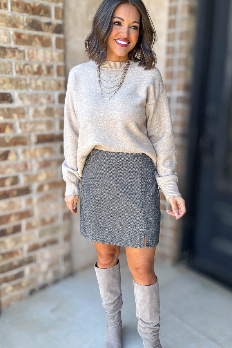 Mable Caught Up In The Moment Taupe Long Sleeve Crew Neck Knit Top