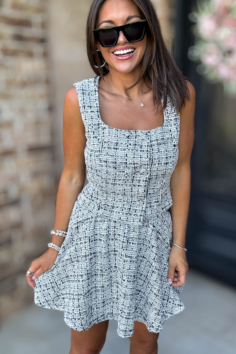 Mable Autumn Serenade Tweed Square Neckline  Black Tweed Top