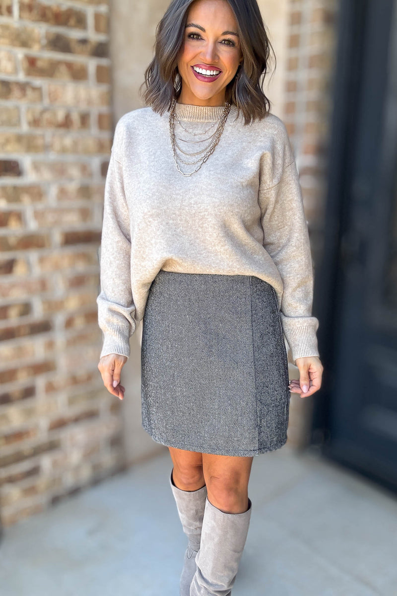Mable Caught Up In The Moment Taupe Long Sleeve Crew Neck Knit Top