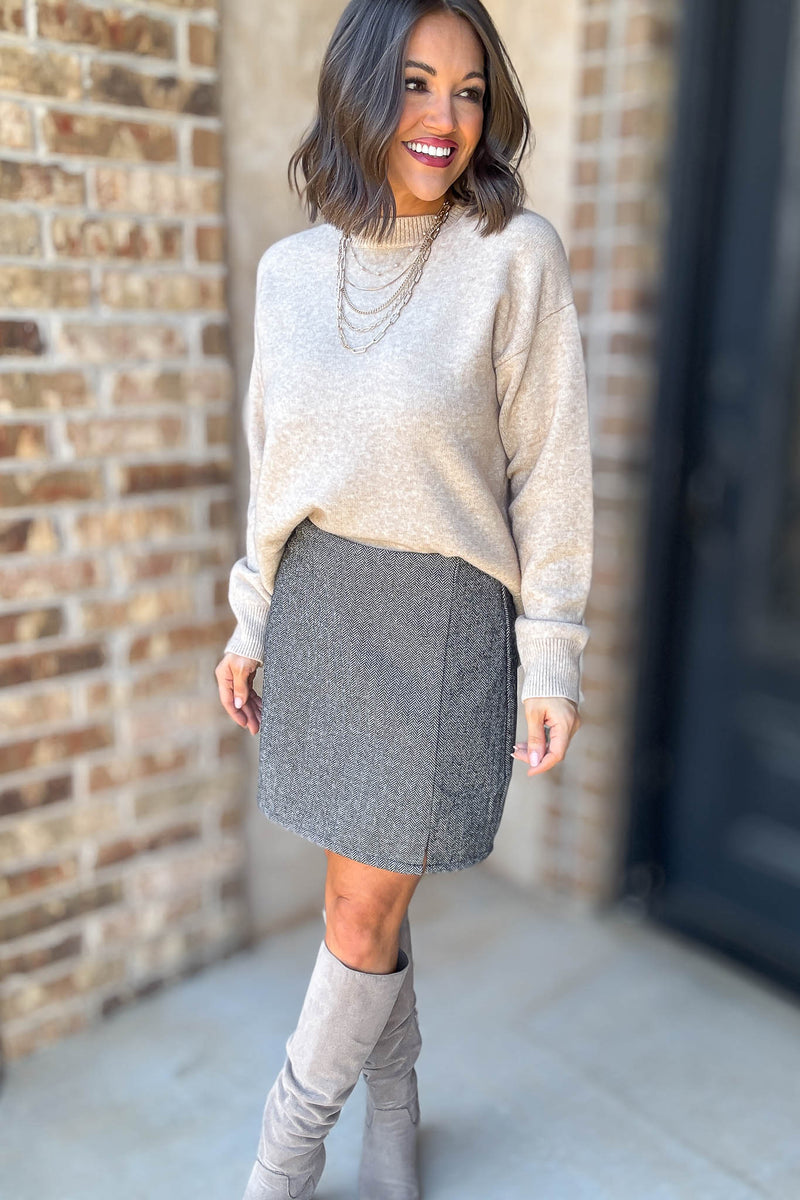 Mable Caught Up In The Moment Taupe Long Sleeve Crew Neck Knit Top