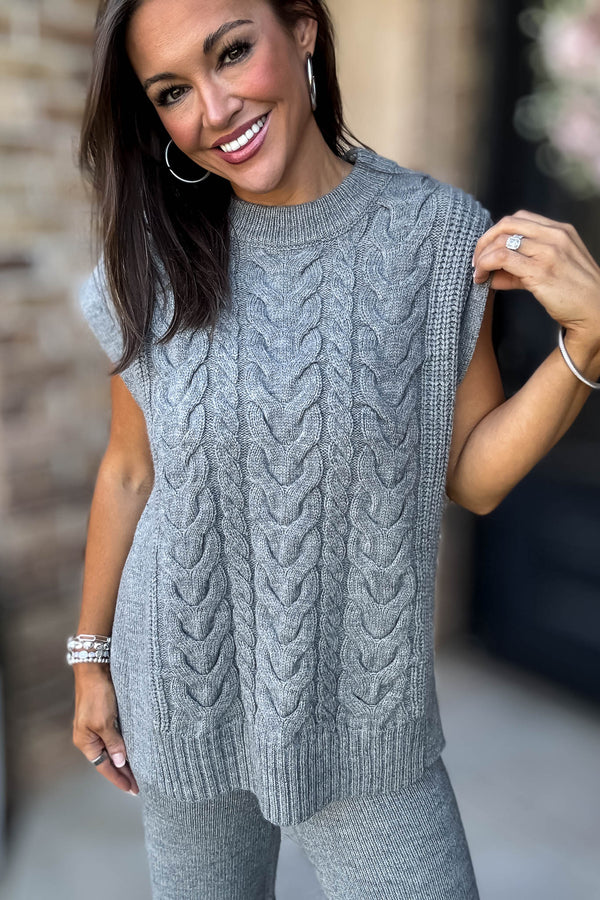 Mable Feels Like Home Heather Grey Cable Sleeveless Knit Top