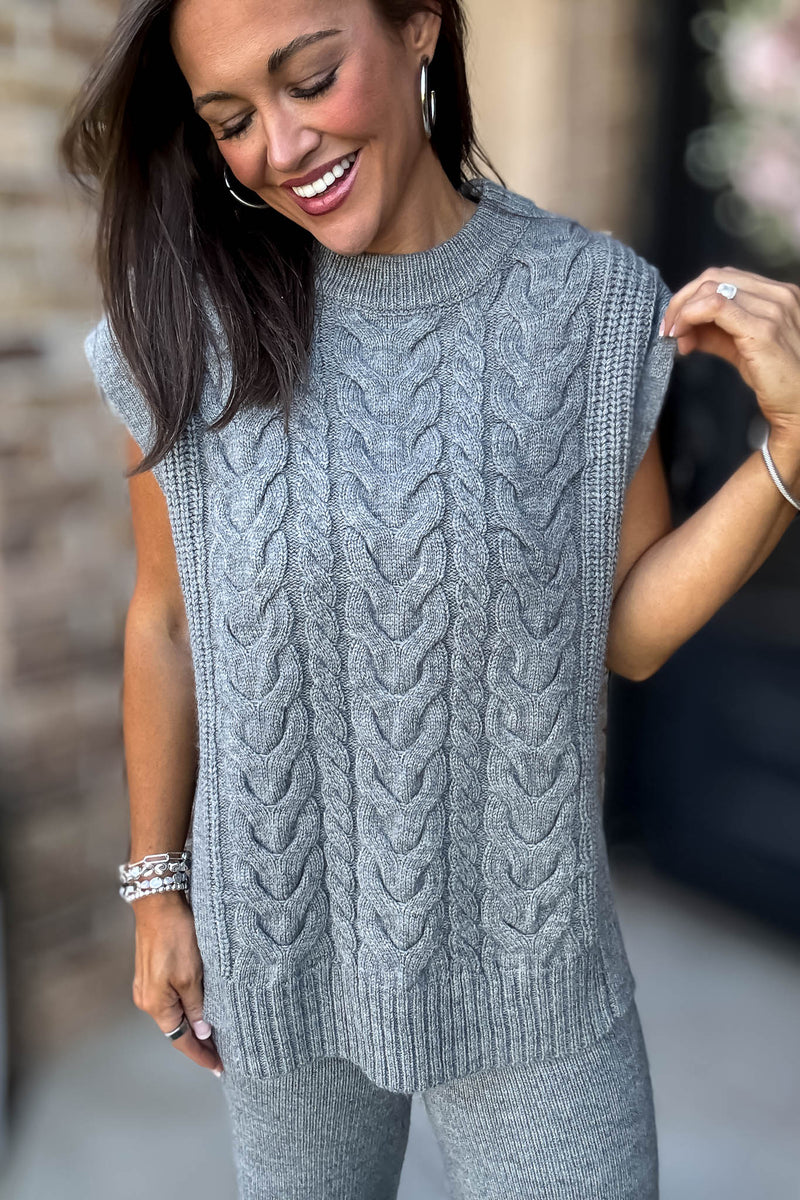 Mable Feels Like Home Heather Grey Cable Sleeveless Knit Top
