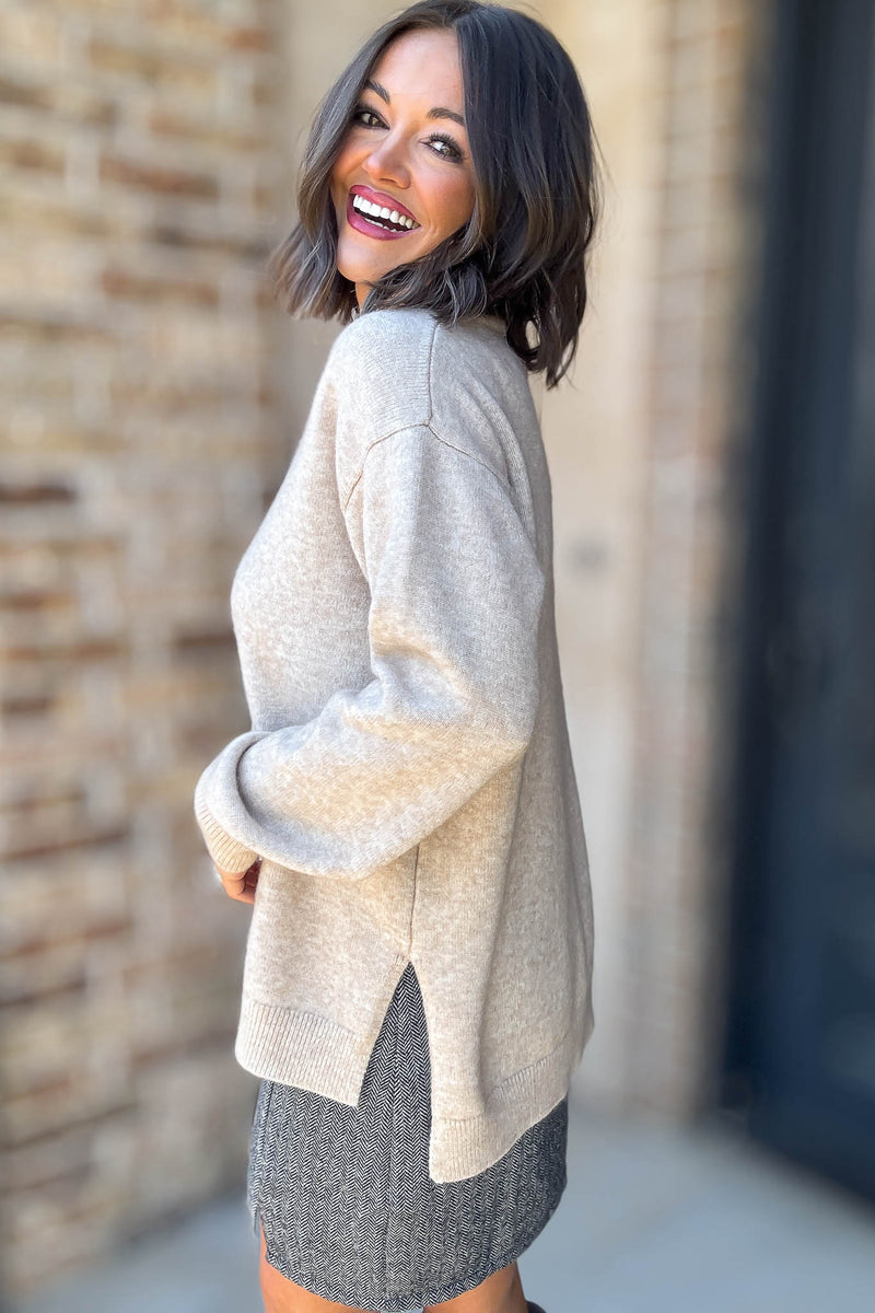 Mable Caught Up In The Moment Taupe Long Sleeve Crew Neck Knit Top