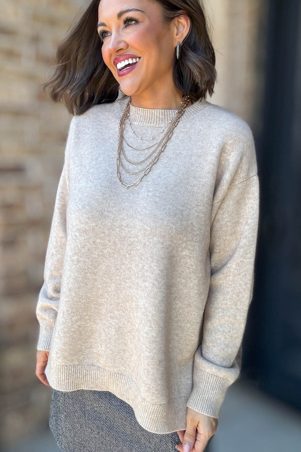 Mable Caught Up In The Moment Taupe Long Sleeve Crew Neck Knit Top
