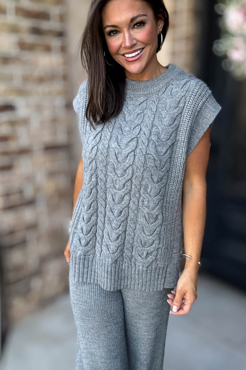 Mable Feels Like Home Heather Grey Cable Sleeveless Knit Top
