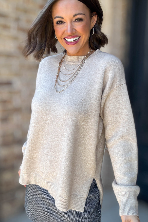 Mable Caught Up In The Moment Taupe Long Sleeve Crew Neck Knit Top