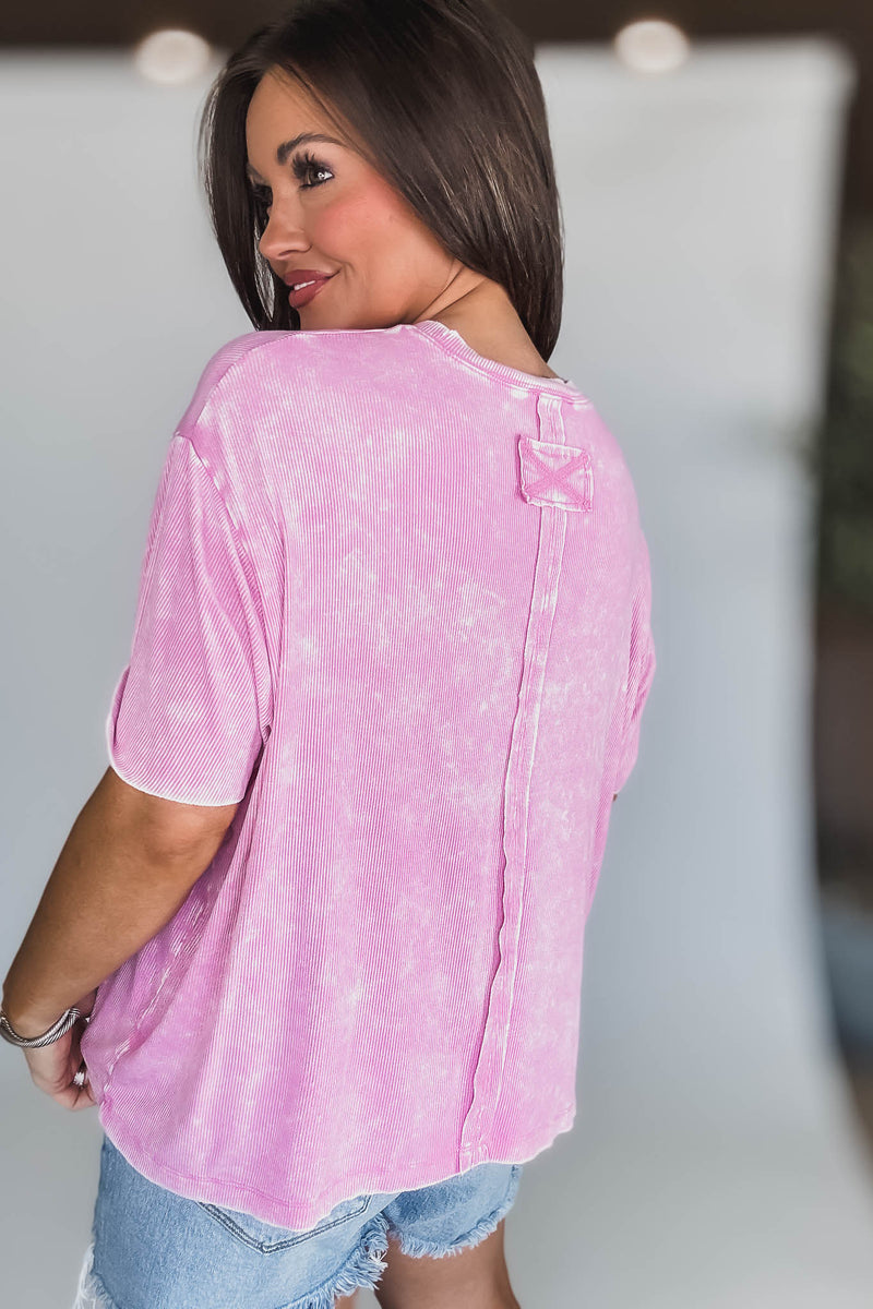 Washed Candy Pink Ribbed Cuffed Short Sleeve Round Neck Top