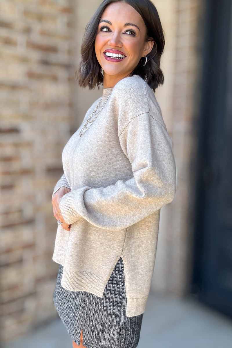 Mable Caught Up In The Moment Taupe Long Sleeve Crew Neck Knit Top