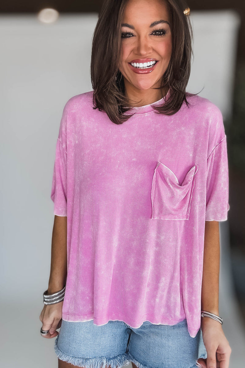 Washed Candy Pink Ribbed Cuffed Short Sleeve Round Neck Top