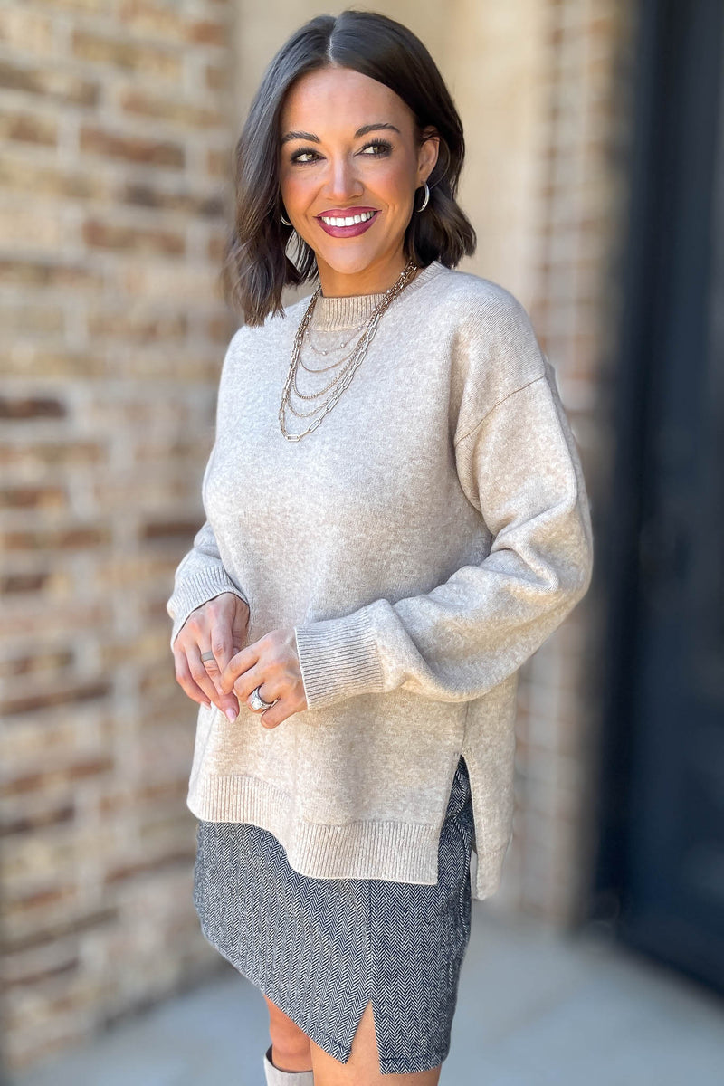 Mable Caught Up In The Moment Taupe Long Sleeve Crew Neck Knit Top