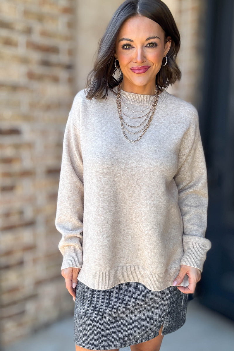 Mable Caught Up In The Moment Taupe Long Sleeve Crew Neck Knit Top