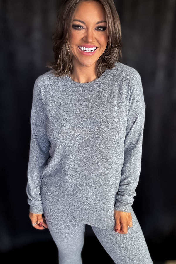 Brushed Hacci 2Tone Grey Crew Neck Long Sleeve Top