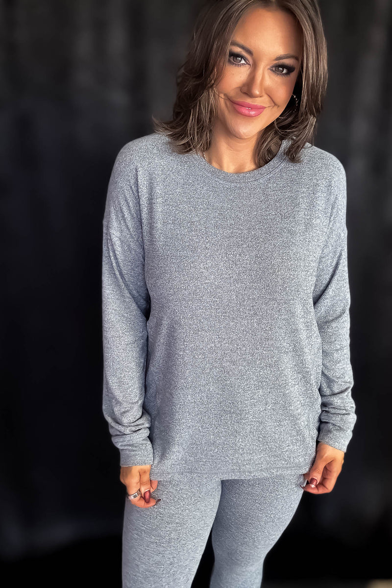 Brushed Hacci 2Tone Grey Crew Neck Long Sleeve Top
