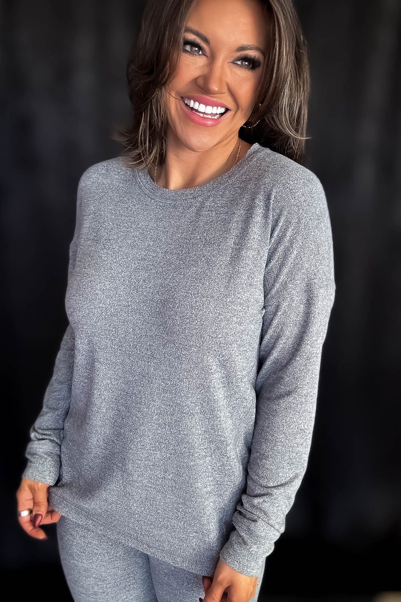 Brushed Hacci 2Tone Grey Crew Neck Long Sleeve Top