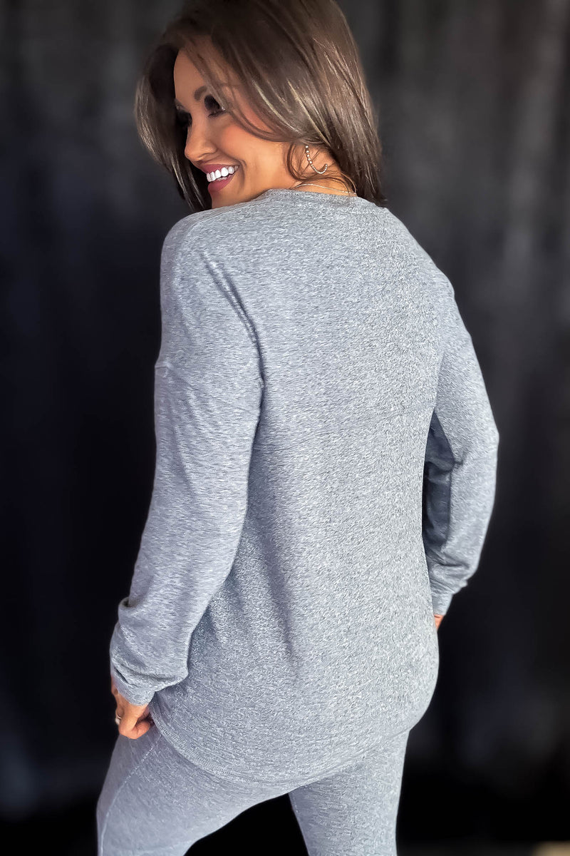 Brushed Hacci 2Tone Grey Crew Neck Long Sleeve Top