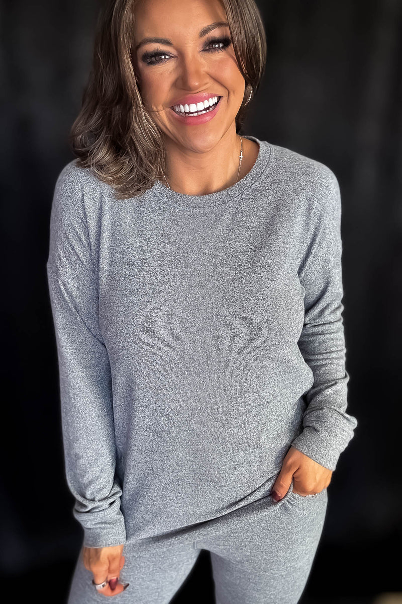 Brushed Hacci 2Tone Grey Crew Neck Long Sleeve Top