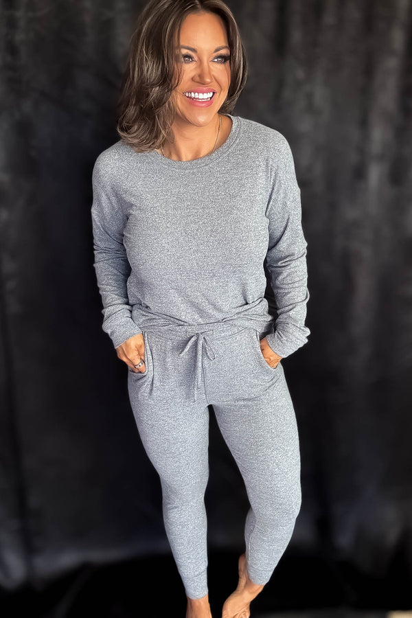 Brushed Hacci 2Tone Grey Crew Neck Long Sleeve Top