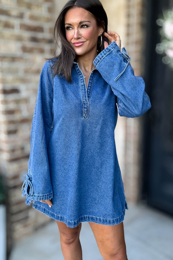 Mable Denim Shirt Collar V Neck Dress