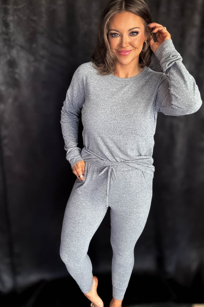 Brushed Hacci 2Tone Grey Crew Neck Long Sleeve Top
