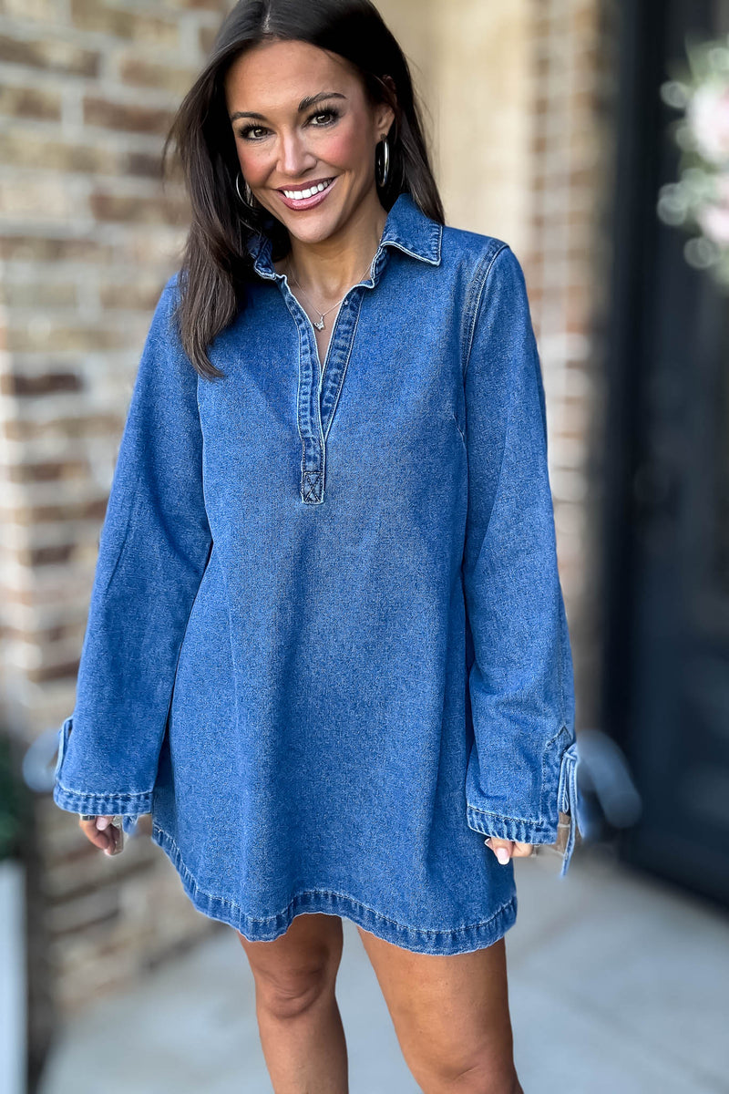 Mable Denim Shirt Collar V Neck Dress