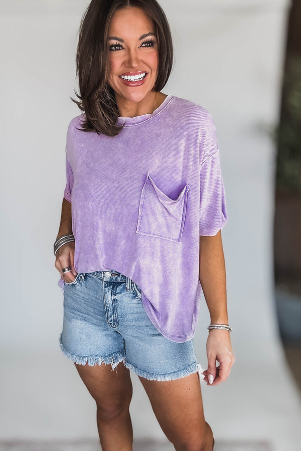 Washed Lavender Ribbed Cuffed Short Sleeve Round Neck Top