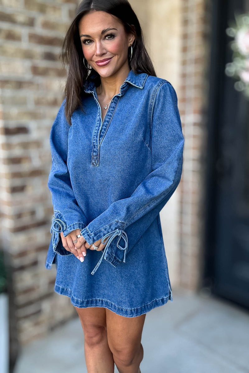Mable Denim Shirt Collar V Neck Dress
