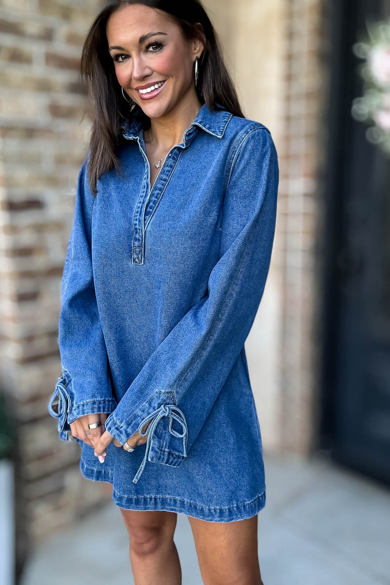 Mable Denim Shirt Collar V Neck Dress