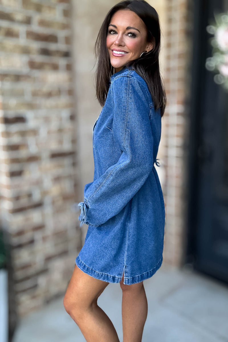 Mable Denim Shirt Collar V Neck Dress