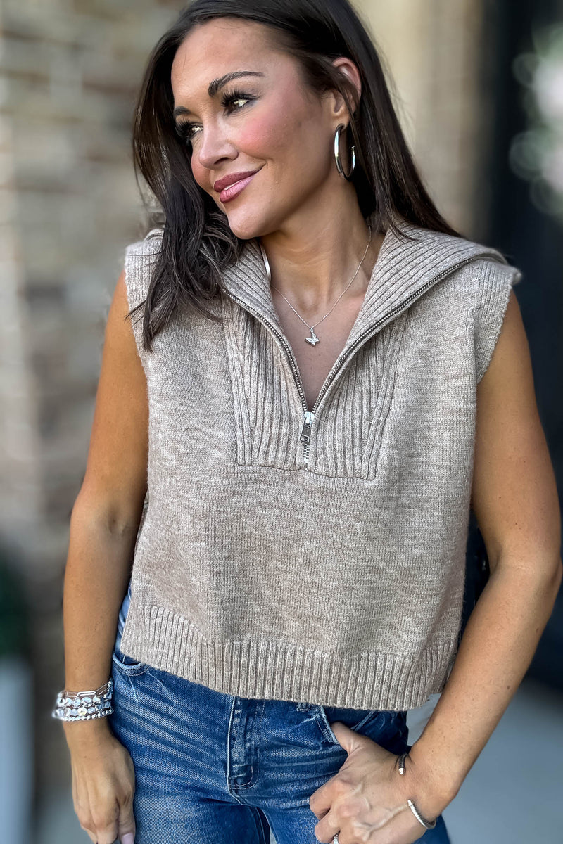 Mable Mocha Half Zip-up Side Open Knit Sweater Vest