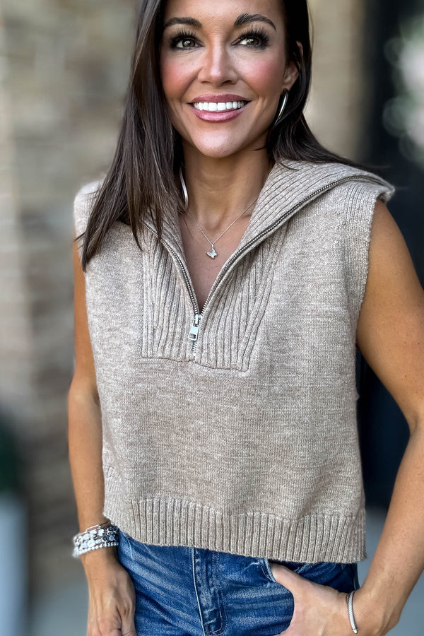 Mable Mocha Half Zip-up Side Open Knit Sweater Vest