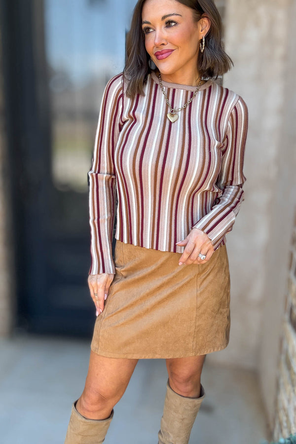 Taupe Stripe Round Neck Long Sleeve Vertical Stripe Knit Top