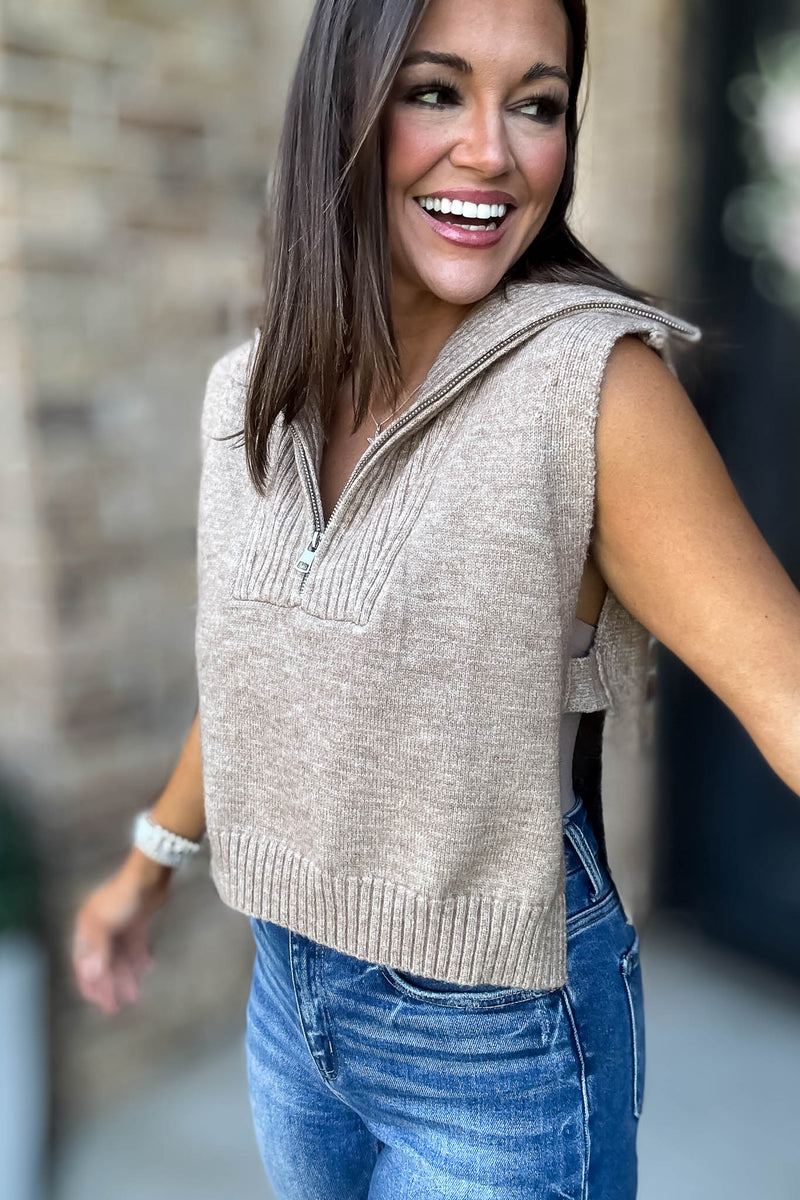 Mable Mocha Half Zip-up Side Open Knit Sweater Vest