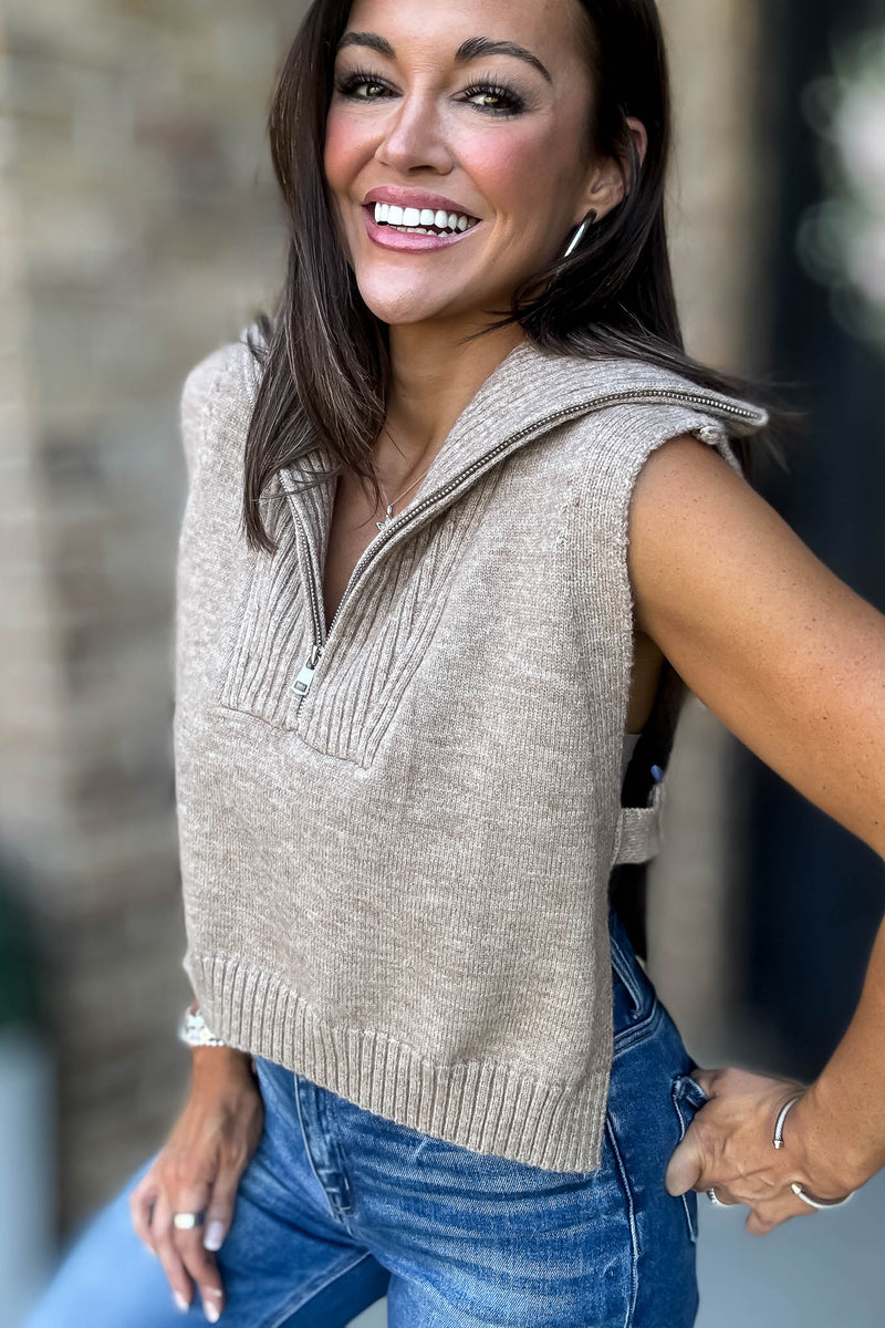 Mable Mocha Half Zip-up Side Open Knit Sweater Vest