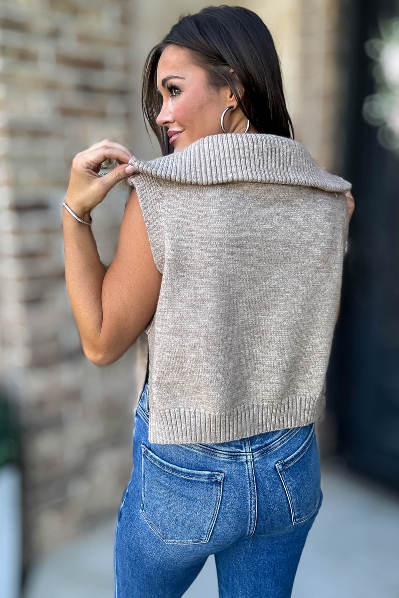 Mable Mocha Half Zip-up Side Open Knit Sweater Vest
