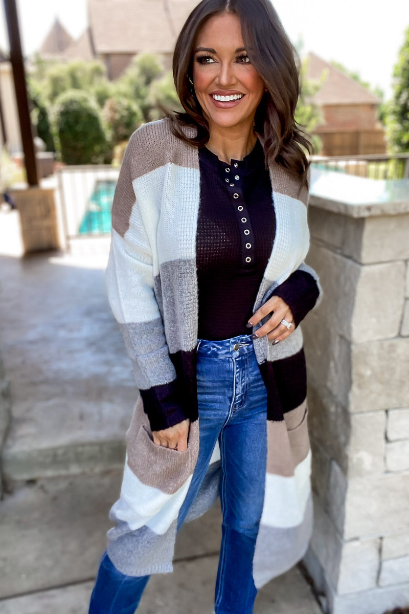 Every Aspect Taupe And White Long Sleeve Open Front Color Block Cardigan