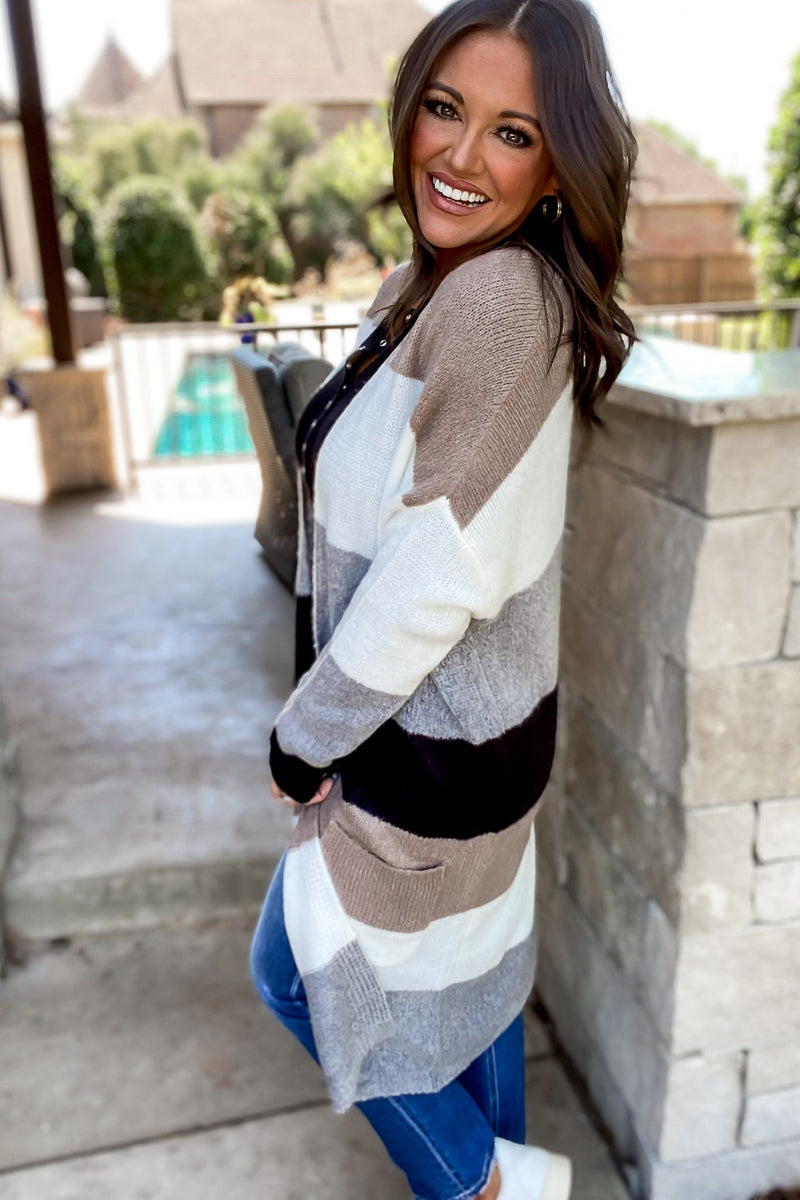 Every Aspect Taupe And White Long Sleeve Open Front Color Block Cardigan