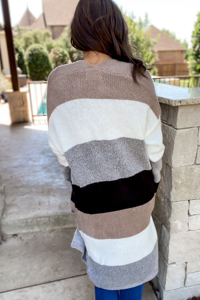 Every Aspect Taupe And White Long Sleeve Open Front Color Block Cardigan